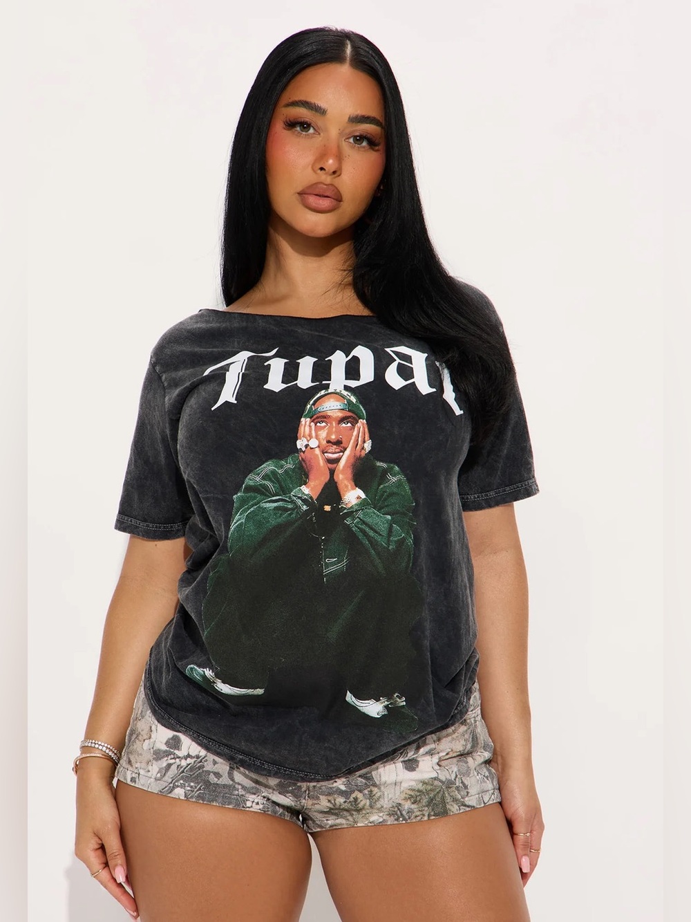Tupac Off Shoulder Washed Tee - Black